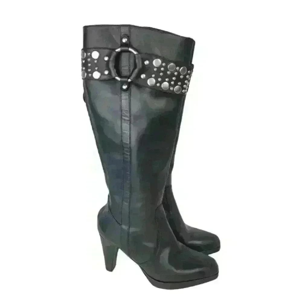 Frye Black Katie Heel Leather Tall Heels Pointed Toe Studded Band Sz 6.5M - Picture 3 of 16